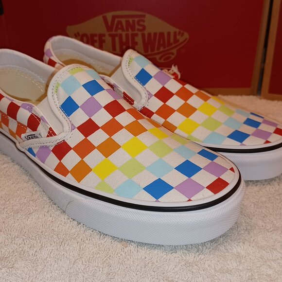 Vans Men\'s 11.5 Classic Slip On Checkerboard Rainbow/White VN0A3UT7U0